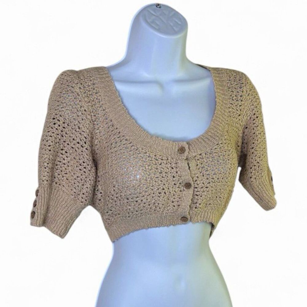 Free People FP Beach Beige Crochet Knit Cropped Cardigan Short Sleeve Size M
